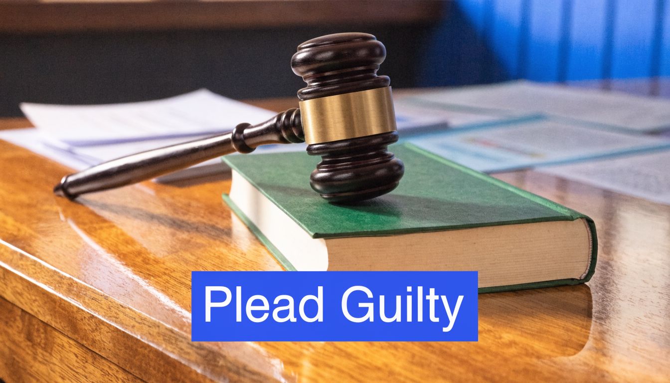 A wooden judge gavel resting on a thick green book on a wooden courtroom desk.