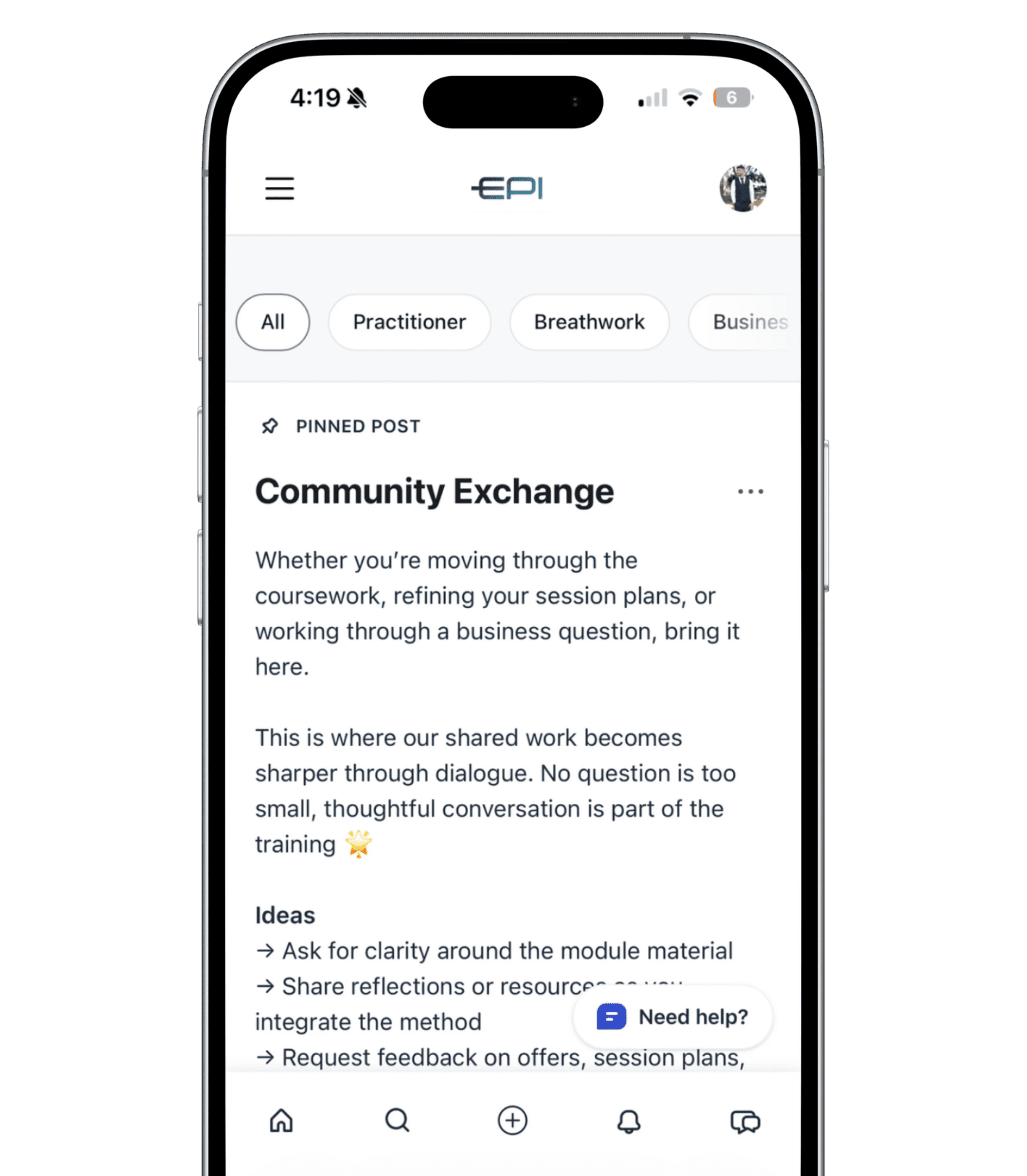 EPI Collective community exchange feature on mobile app interface