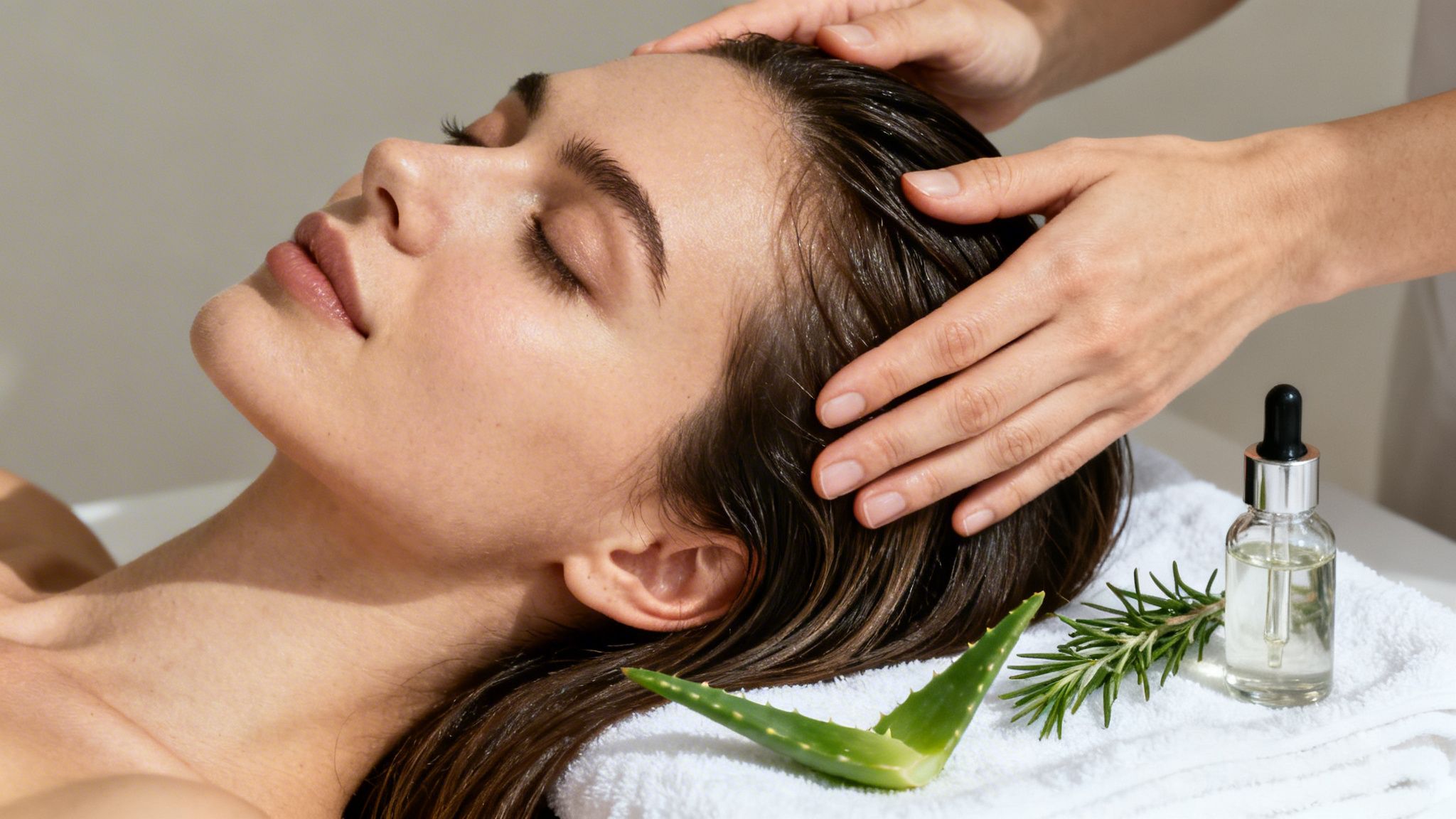 A woman receives a relaxing natural scalp massage using aloe vera and rosemary oil.
