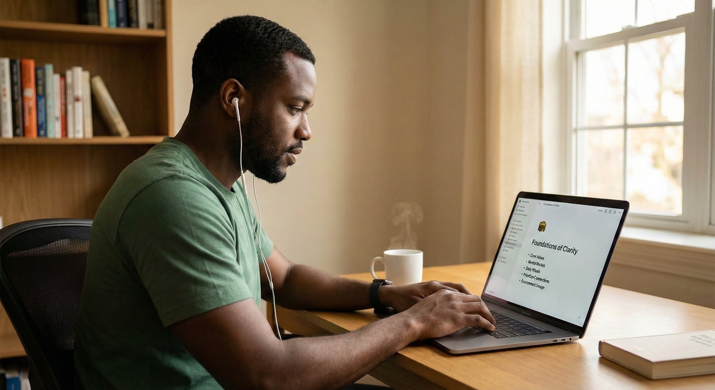 Side profile of a man focused on his work, looking at a laptop screen displaying the Foundations of Clarity course module.
