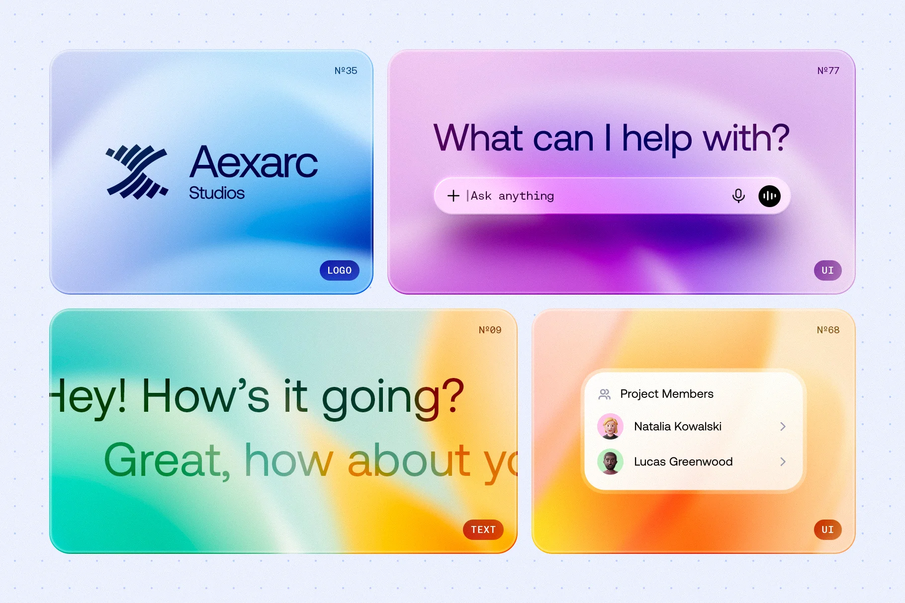 Waveblur gradients applied to UI cards and branding layouts, demonstrating modern interface and design usage.