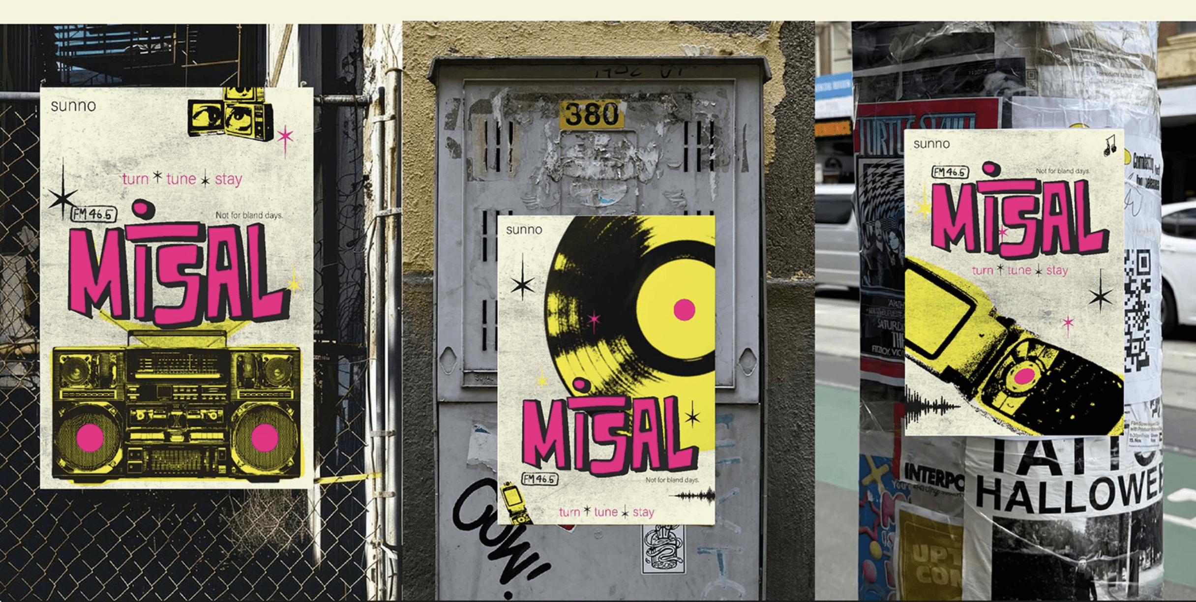 Misa radiol FM 46.5 radio station street posters featuring bold pink and yellow retro music graphics, vinyl records and boombox illustrations.