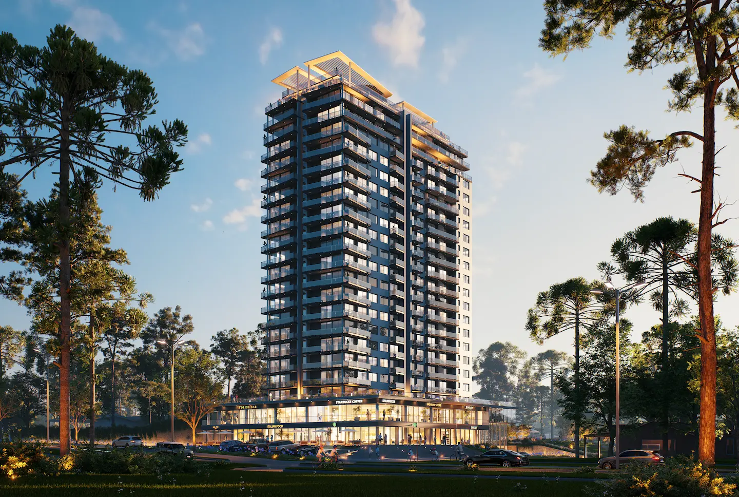 High-rise residential tower 3D rendering at sunset with retail spaces on ground floor, surrounded by trees — large-scale architectural visualization by 3D CBA.