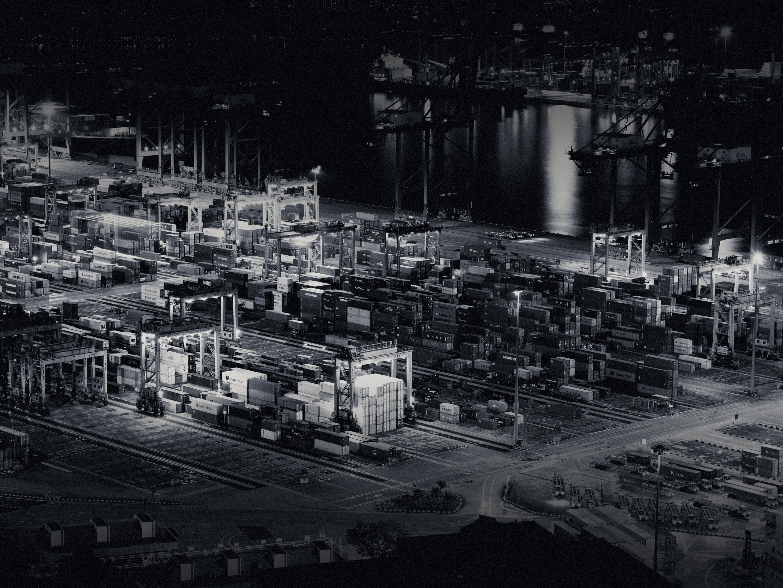 A container port at night, seen from above
