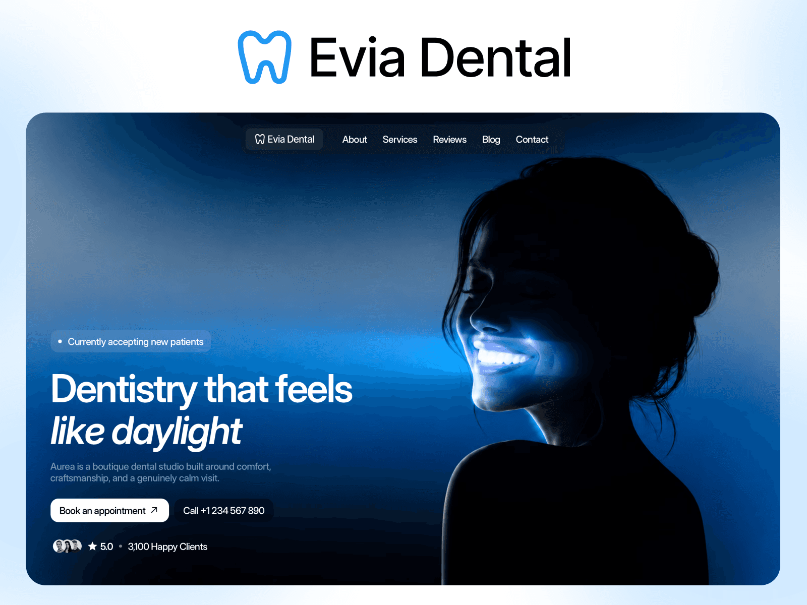 EviaDental Framer template design preview, shown as design inspiration