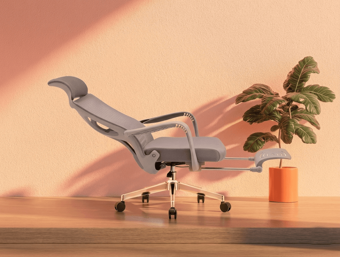 A side-profile view of a high-back ergonomic office chair featuring a SingOFai Furniture backrest component, shown in a reclined position. The chair is equipped with a breathable mesh back, an integrated headrest, and flexible, arched armrests. It also features an extended telescopic footrest for enhanced comfort. The entire unit is finished in light grey and set against a warm, sunlit interior with a potted plant and soft, long shadows.