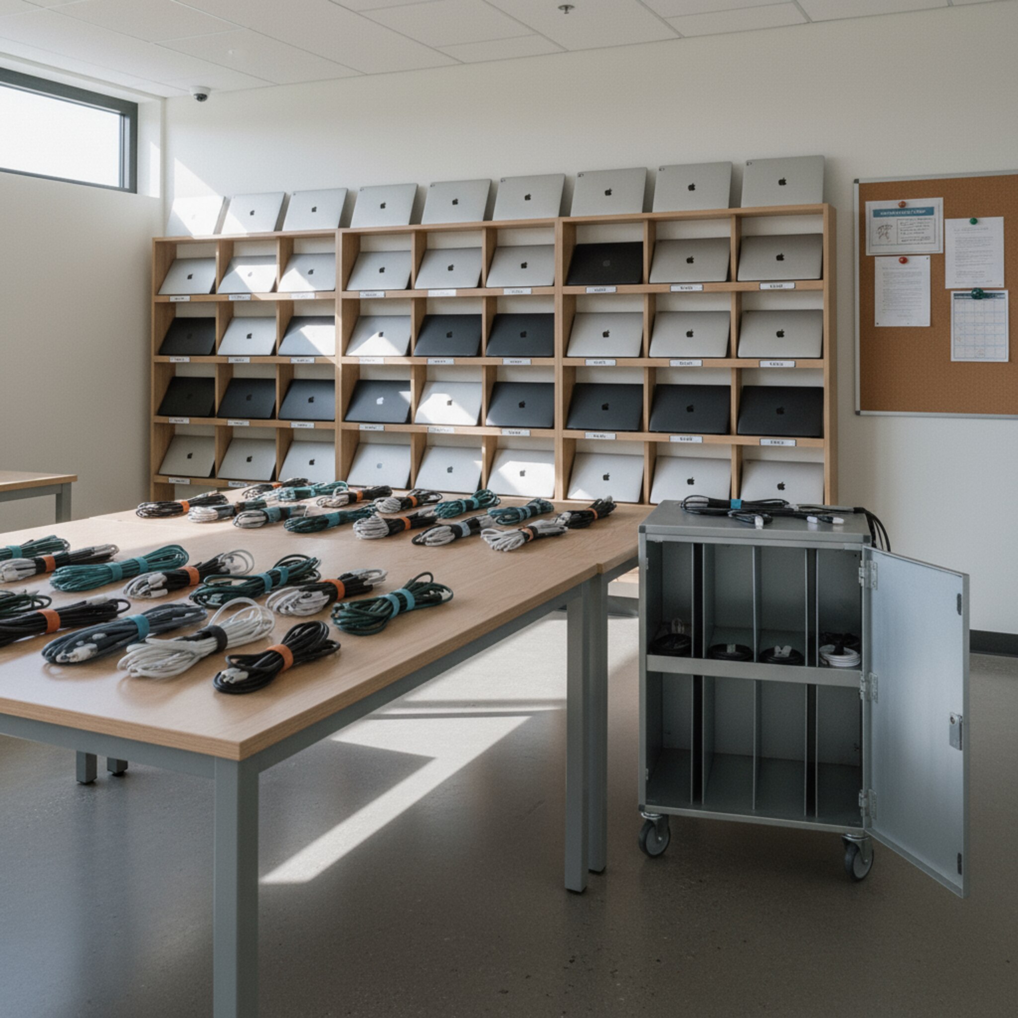 Ein Medienraum mit sauber aufgereihten Laptops im Regal, daneben nummerierte Etiketten. Auf einem Tisch liegen Ladegeräte ordentlich gebündelt. Ein Lehrmittelwagen steht bereit, die Tür ist leicht geöffnet für die nächste Abholung.