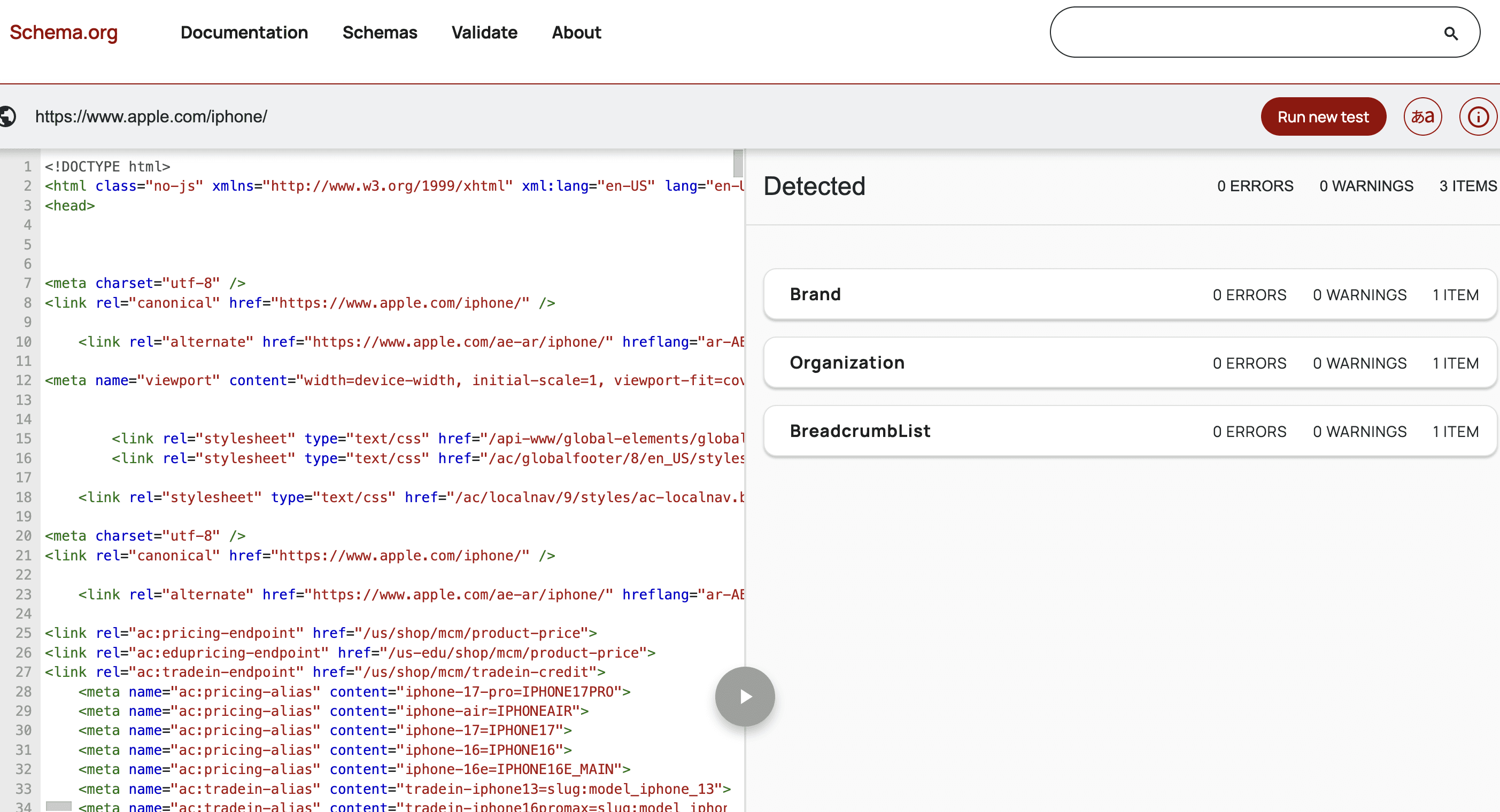 An exmple of Apple iphone's page schema markup validtion