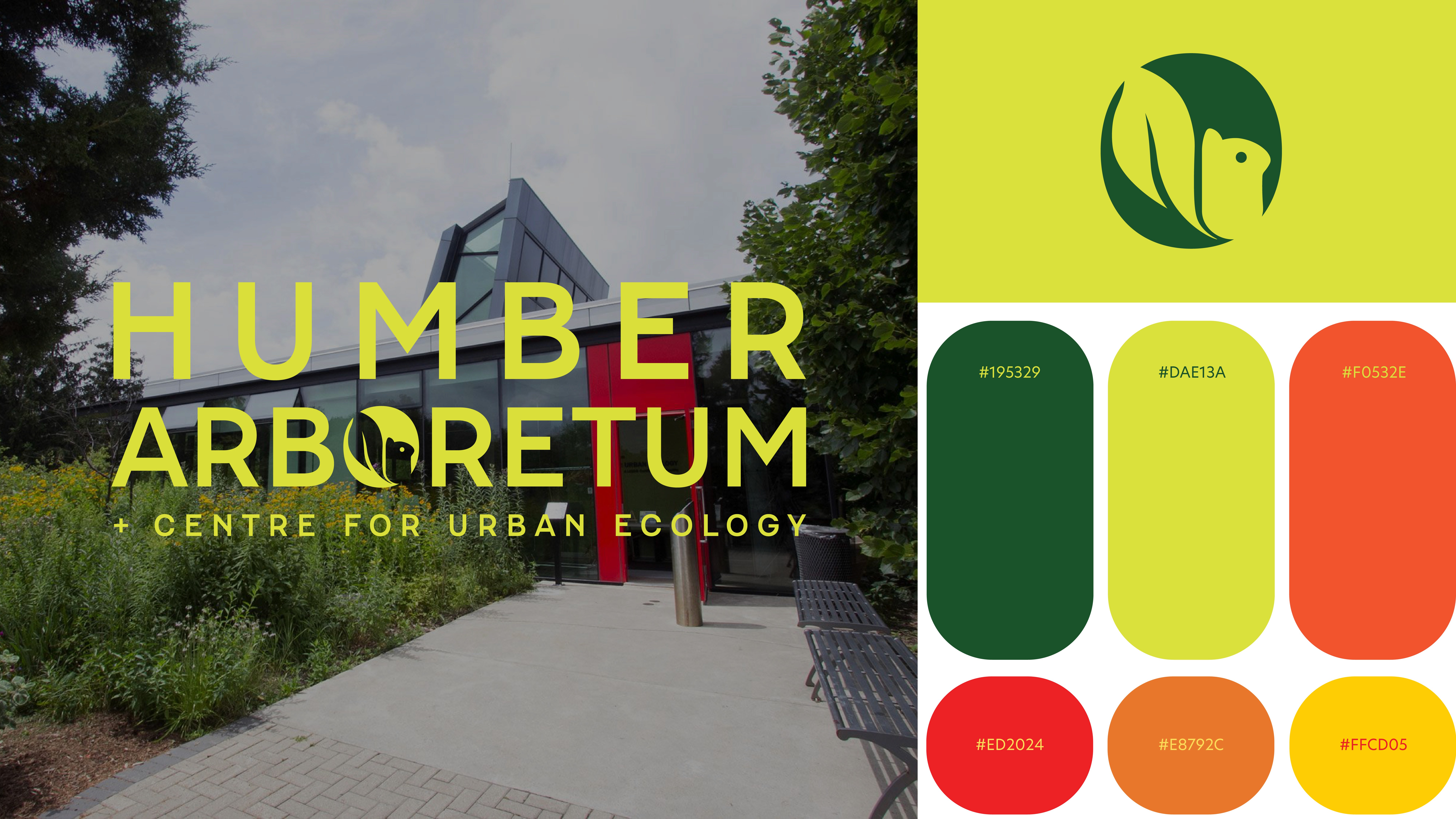 A brand presentation card displaying the new Humber Arboretum logo above a photograph of the Arboretum’s main building surrounded by greenery. The image shows the entrance, glass façade, and landscaped garden area. Photo source: https://blogto-production2-baselayer-display.blogto.com/articles/20180726-humber-arboretum-1.jpg.” (blogto-production2-baselayer-display.blogto.com in Bing)