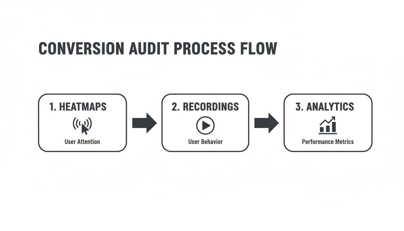 Flowchart illustrating a three-step conversion audit process: heatmaps, recordings, and analytics.