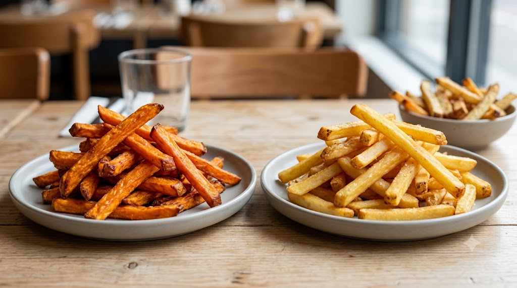 Two plates of crispy fries side-by-side on a wooden restaurant table: vibrant orange sweet potato fries on the left and golden yellow classic French fries on the right, with a glass of water and another bowl of fries in the blurred background.