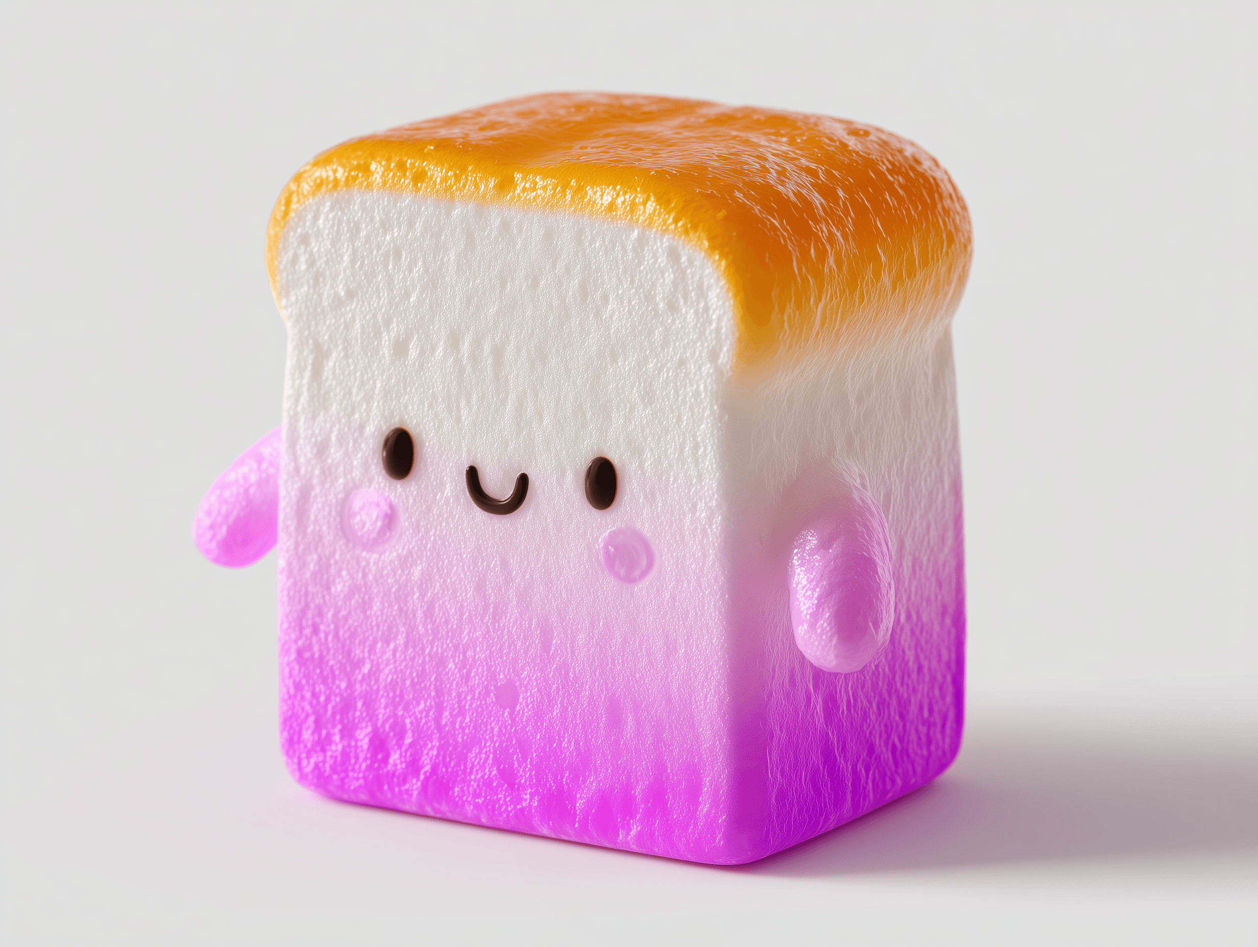A 3D-rendered cute toast character with a glossy orange top crust, smiling face, and a pink-to-white gradient body, styled in a soft kawaii aesthetic on a light background.
