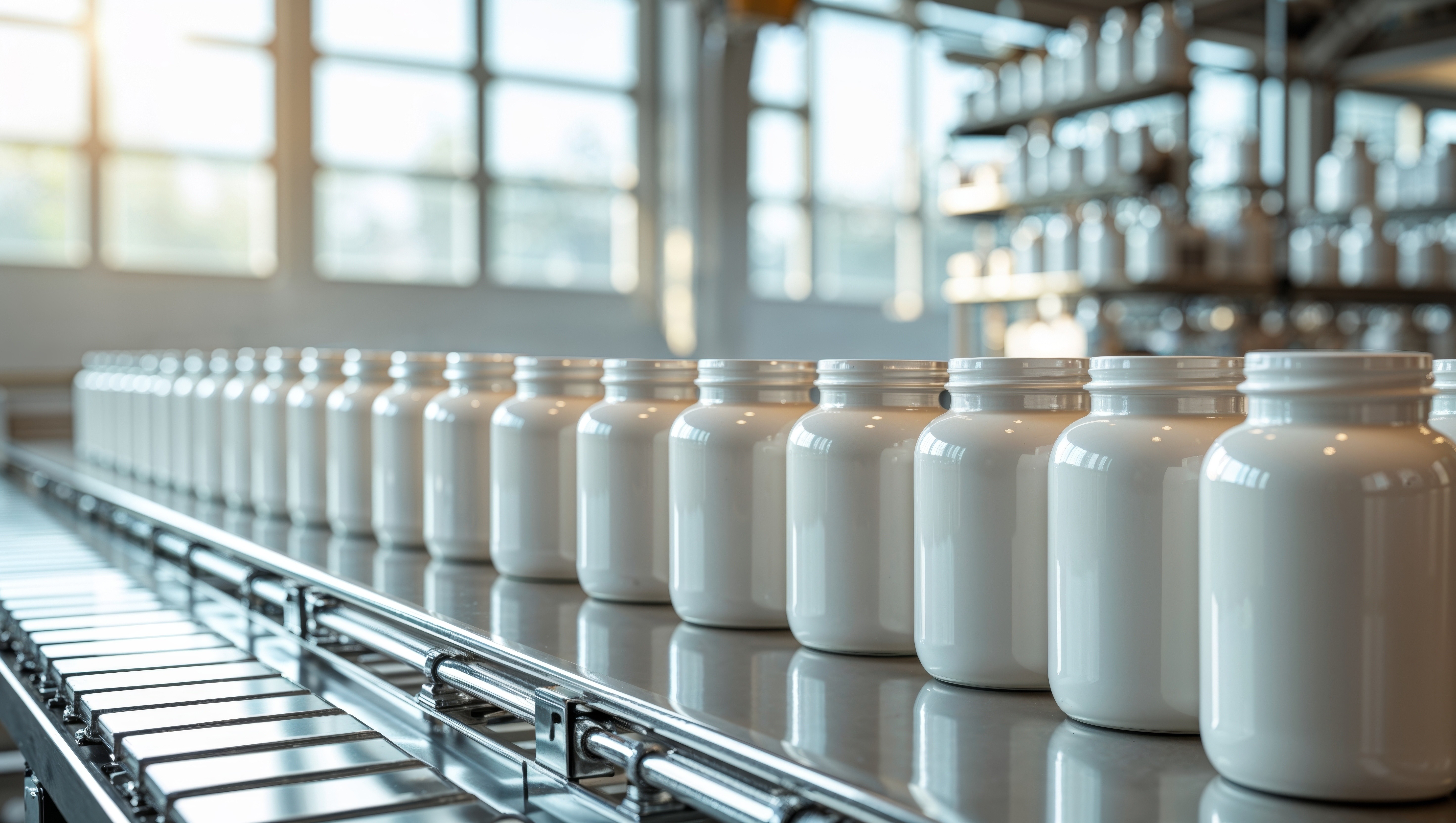 A row of white tubs on a conveyor belt in a factory or production facility with large windows and shelves in the background.