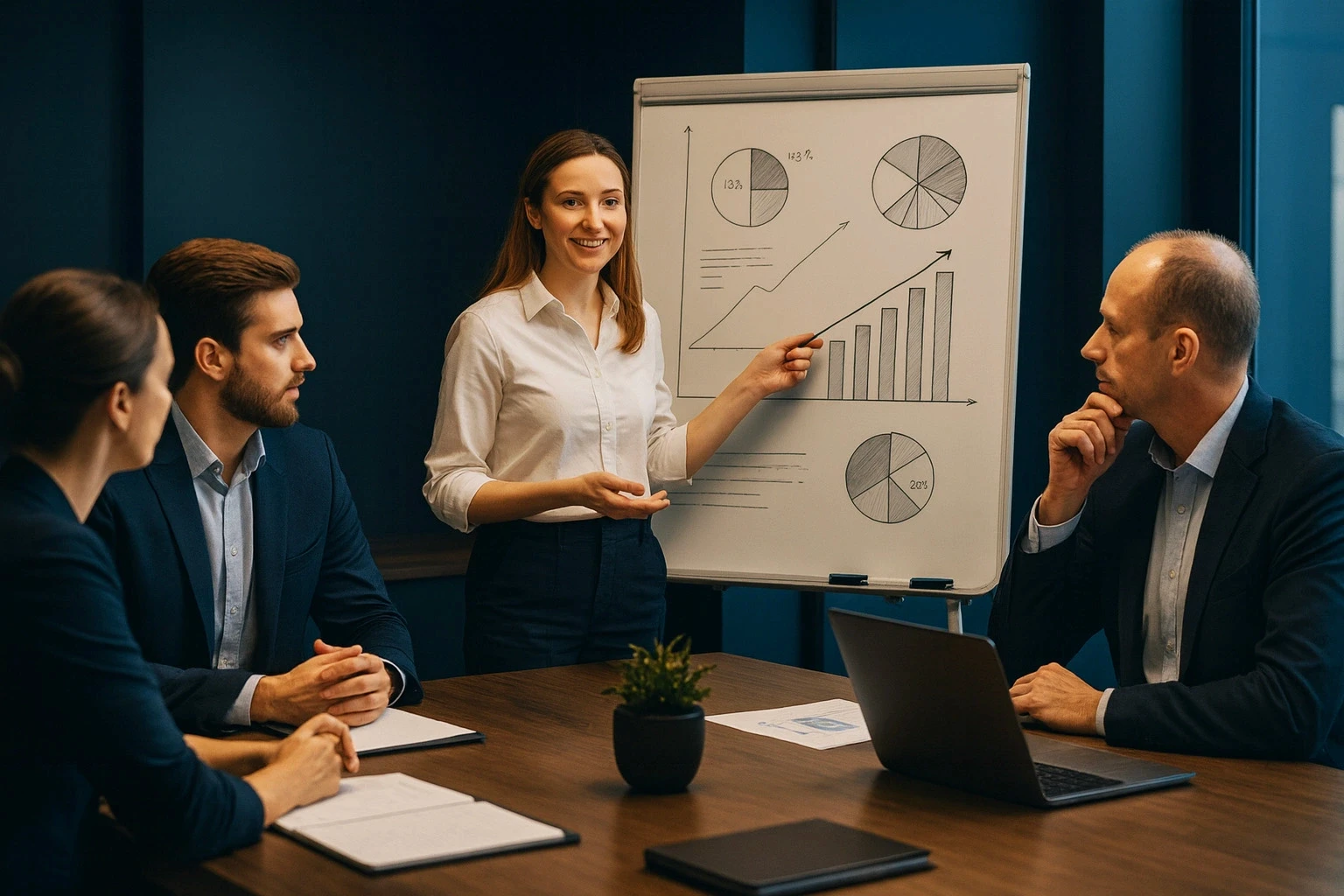 meetig with a Board with charts writting on it