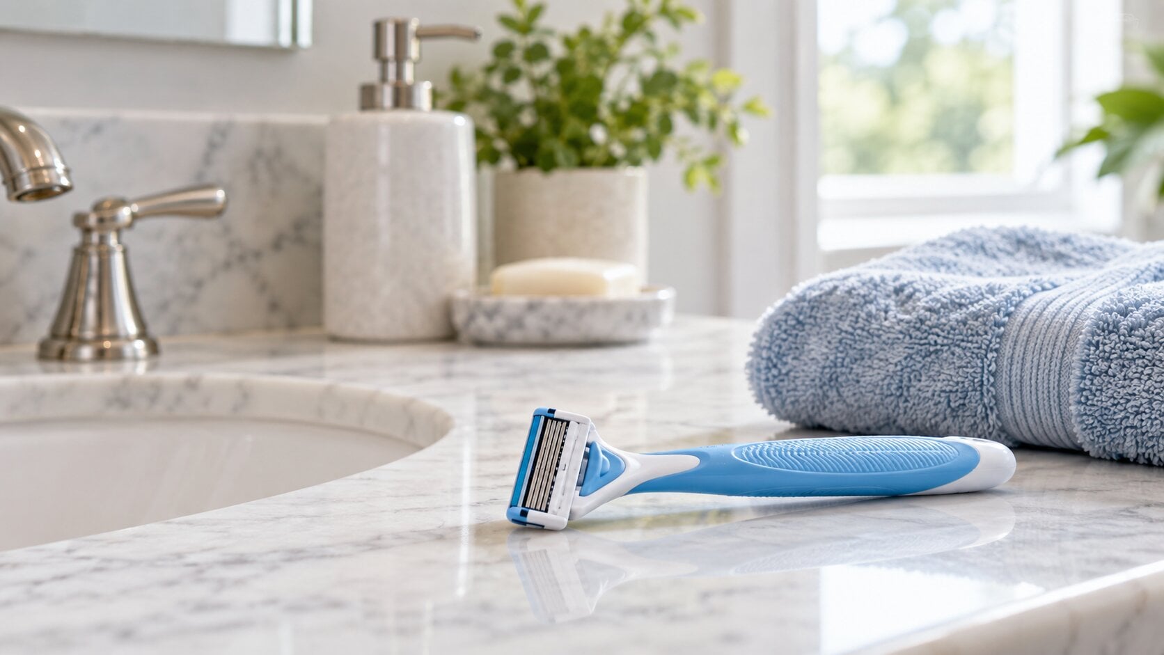 Personal razor on a clean bathroom counter