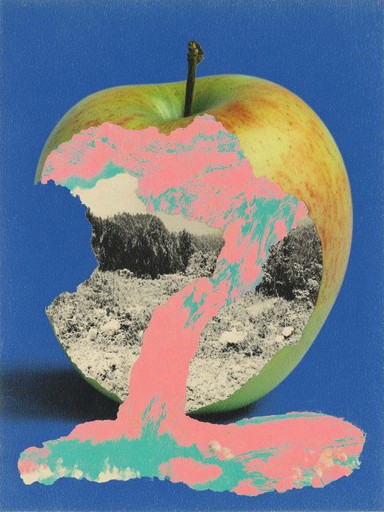 Conceptual digital collage of an apple with a surreal colorful river inside, modern design art.