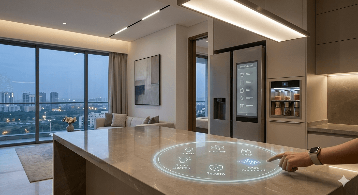 Smart home kitchen with integrated voice-command tech and high-end cabinetry in Sector 65