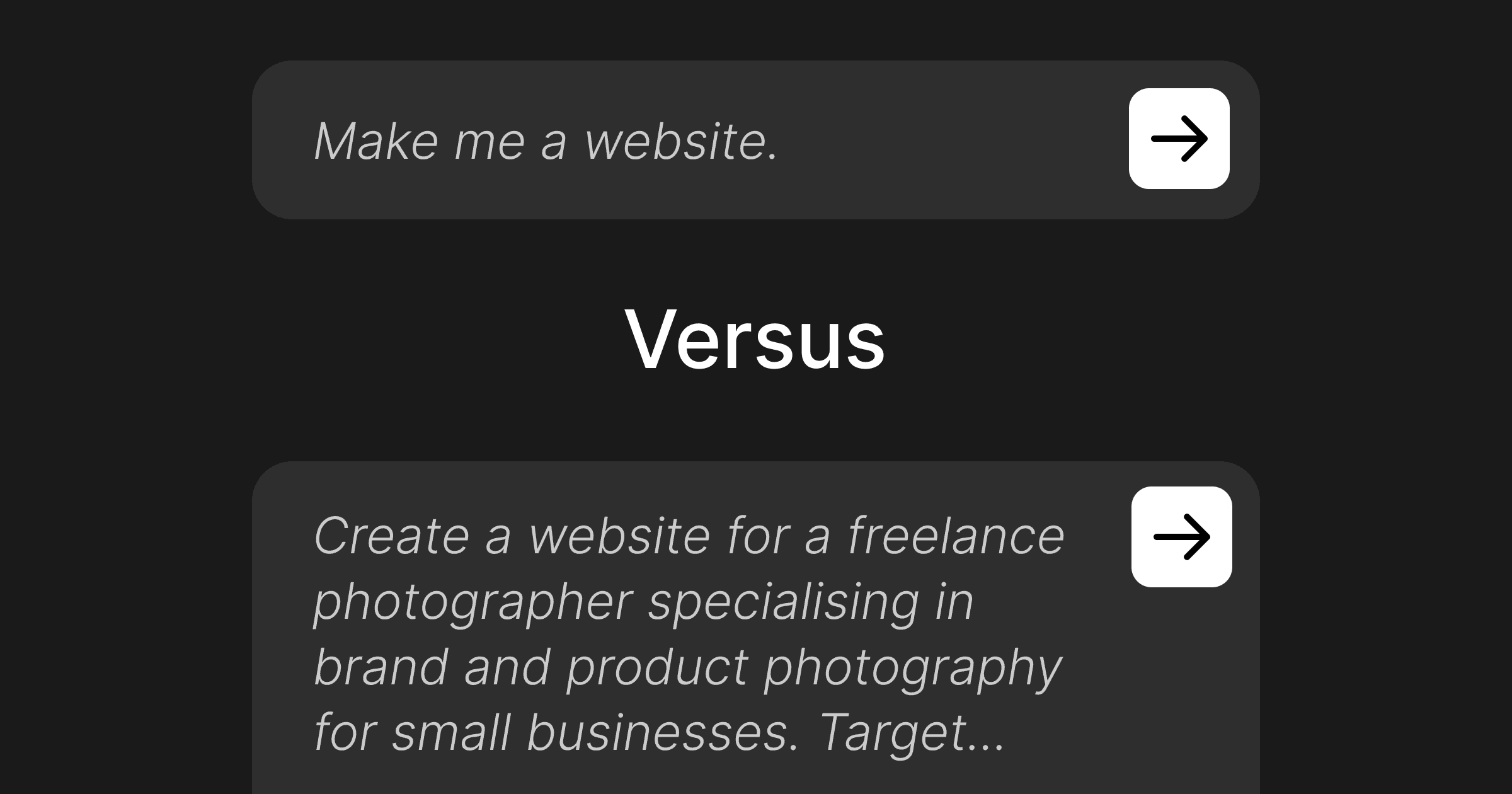 Two AI chat prompts compared — short vague prompt versus detailed specific prompt for an AI website builder