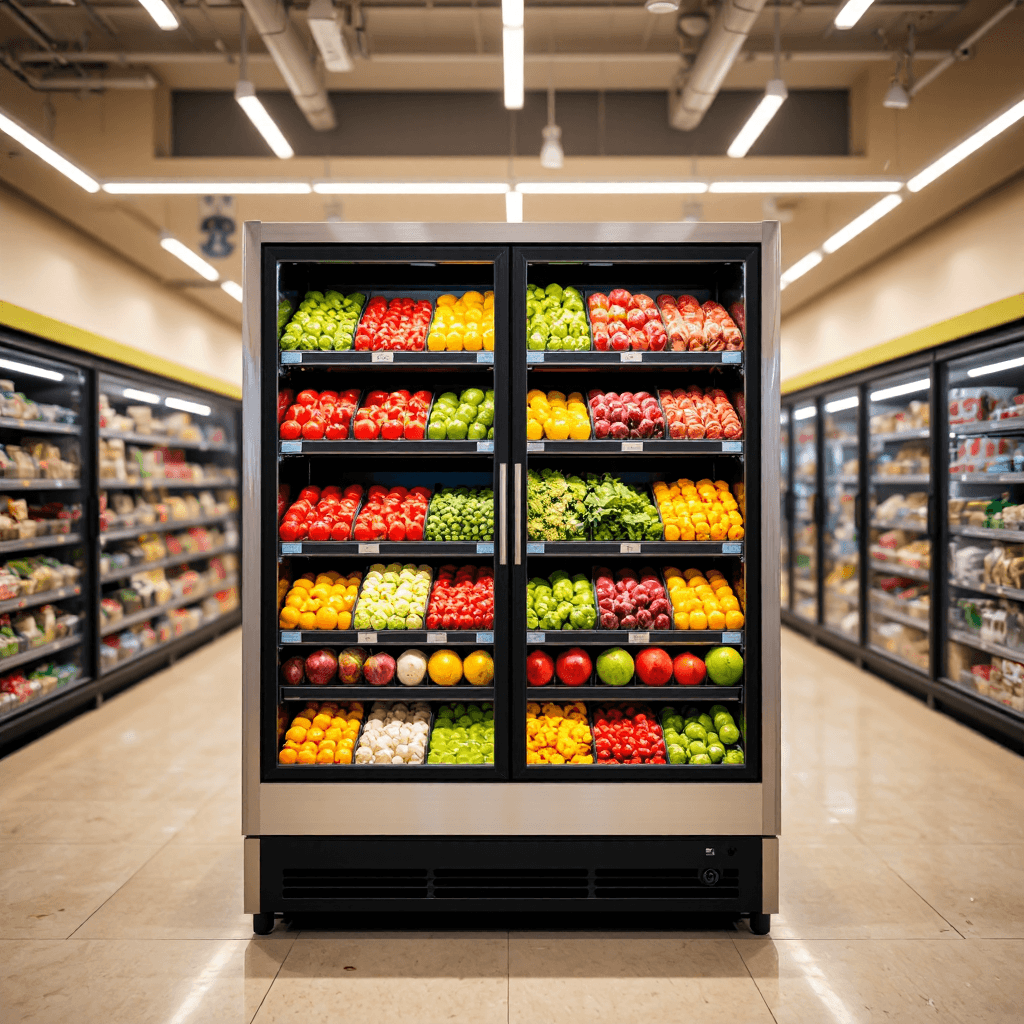 product photography of a display refrigerator for fruits and vegetables