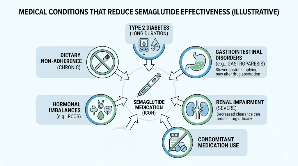 Medical conditions that interfere with semaglutide weight loss including hypothyroidism PCOS and insulin resistance