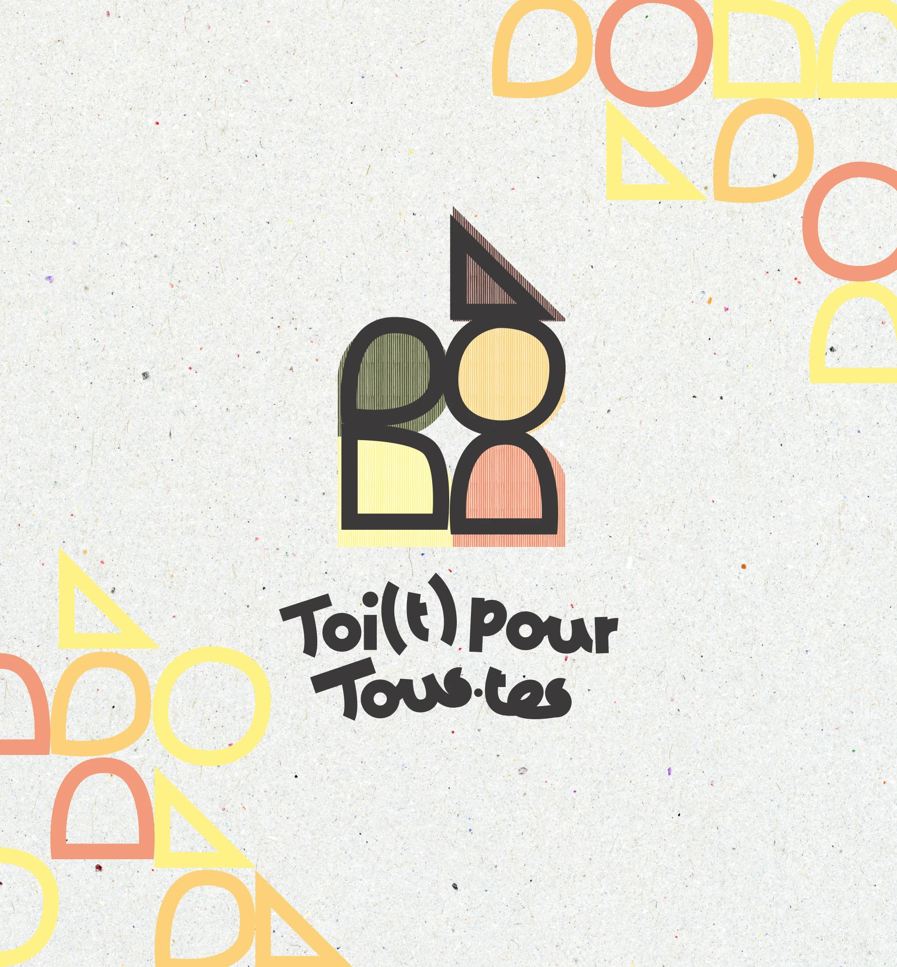 Logo Toi(t) Pour Tous·tes couleur sur fond papier recyclé texturé — motif géométrique Bauhaus aux angles, composition aérée, identité visuelle inclusive et écoconçue, Tartelette Concept Toulouse