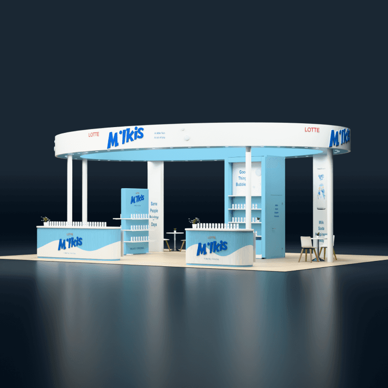 30x40 beverage sampling lounge booth rental with circular overhead branding and tasting counters