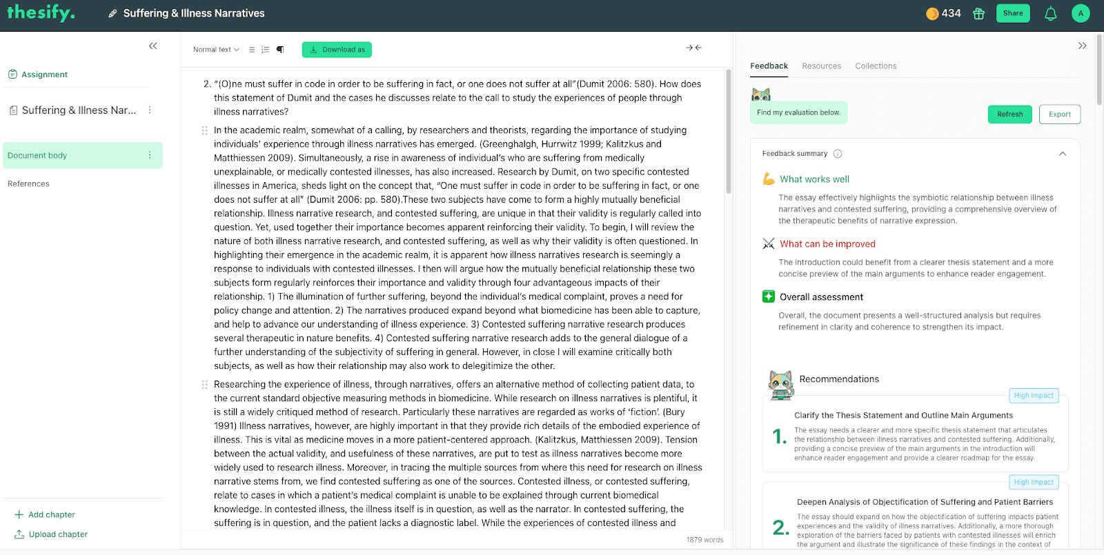 thesify pre submission feedback summary showing overall assessment, what works well, what can be improved, and high impact recommendations for a draft article.