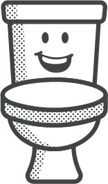 A cartoon toilet with a smiling face, designed to appear friendly and playful.