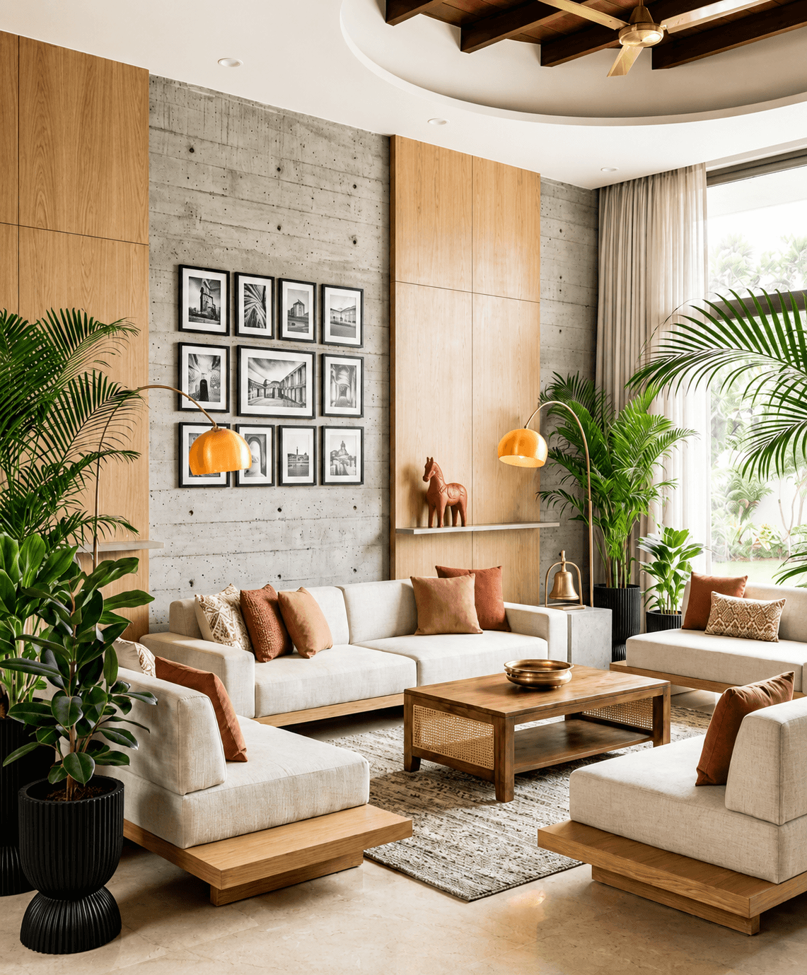 Modern tropical-style living room with beige modular sofas, warm wood accents, exposed concrete walls, indoor plants, brass floor lamps, and large sunlit windows creating a cozy contemporary interior.