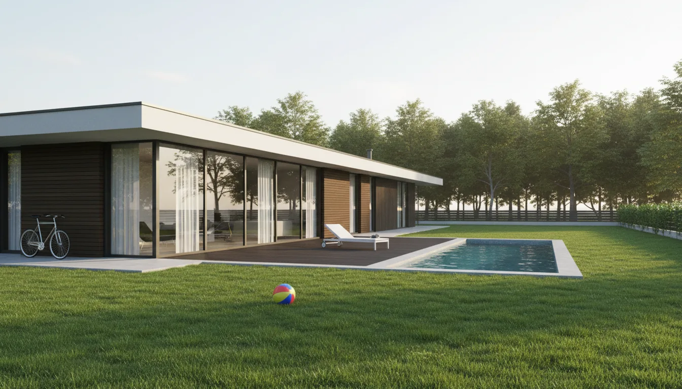 Photorealistic 3D render, architectural visualization in the style of ArchiCAD, featuring a modern, long, single-story house with a flat roof, floor-to-ceiling glass walls, and dark wood paneling. The scene depicts a serene backyard with a manicured green lawn, a small rectangular swimming pool, and a dark wood deck with a single white lounge chair. A bicycle is parked on the left side, and a child's ball rests on the grass. The lighting is soft global illumination from a late afternoon sun, creating a warm, inviting glow. The background shows a line of dense trees behind a dark modern fence under a bright, hazy sky.