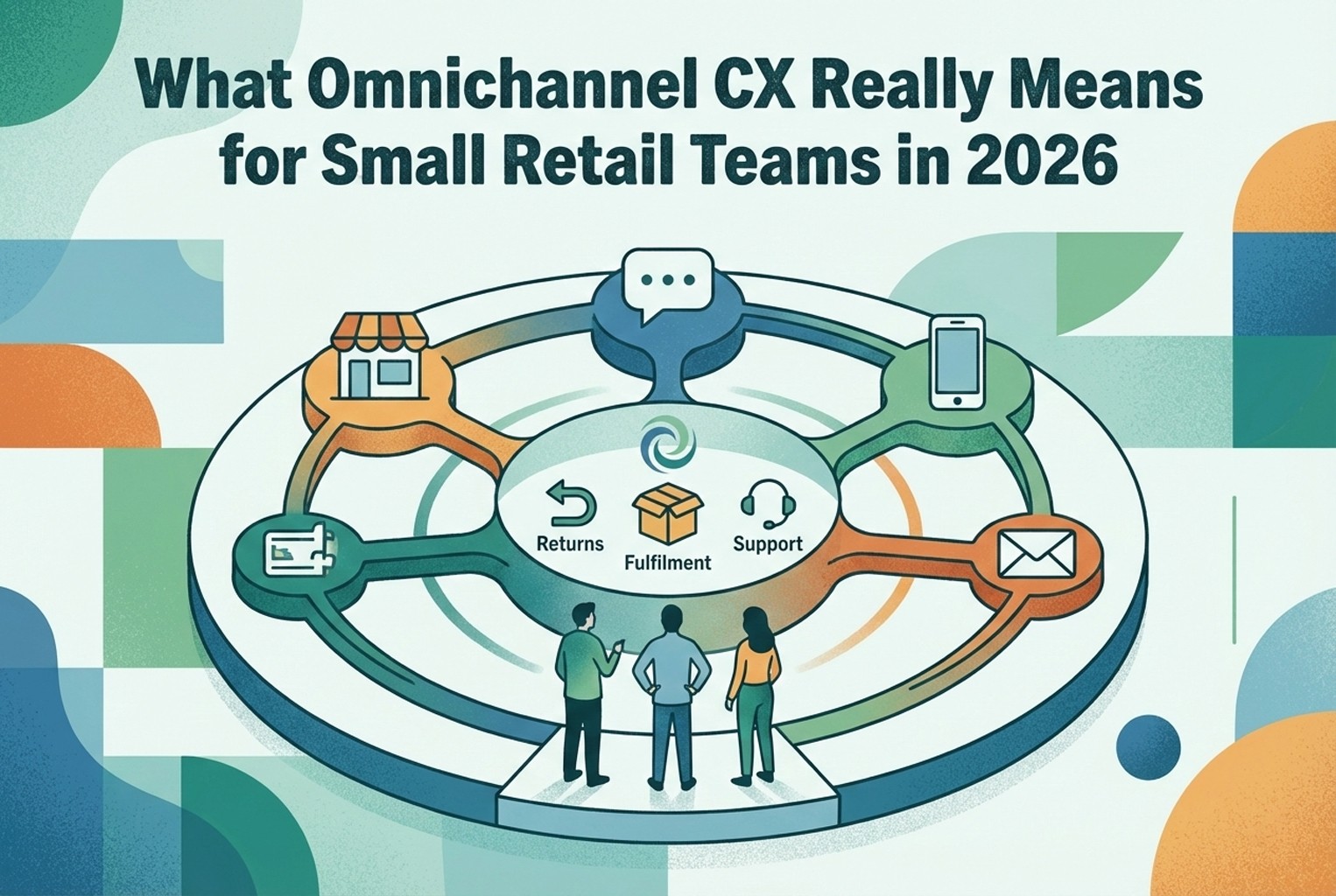 Illustration showing how omnichannel customer experience works for small retail teams in 2026, connecting in-store, online, chat, email, returns, fulfilment, and support into one joined-up flow.