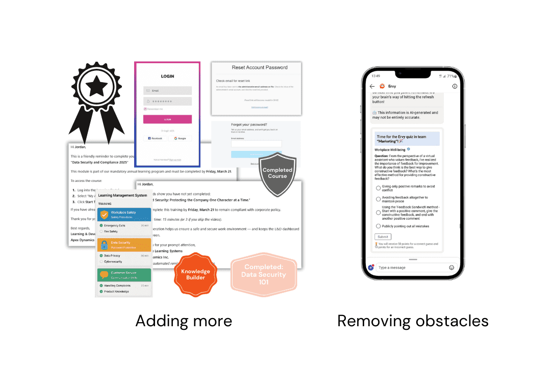 Split image showing "Adding more" on the left with a collage of certificates, login forms, and badges. "Removing obstacles" on the right features a phone screen with accessible learning content.