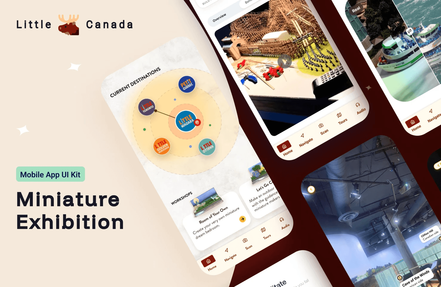 Four UI badges listing the core application features: Education Value, Location-based audio, Compare miniature vs reality, and Behind-the-scene process