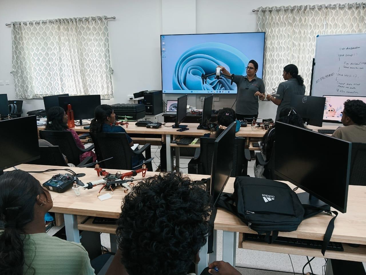 Instructor demonstrating a drone to the cohort at TIH, IIT Palakkad