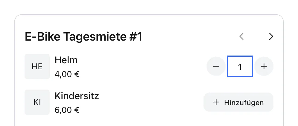 Extras pro Rad: Helm hinzugefügt, Kindersitz optional