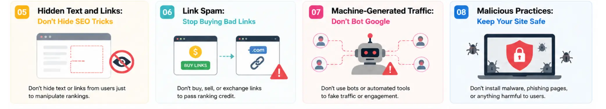 Infographic of Google SEO spam policies: hidden text, link spam, bot traffic, and malicious acts.