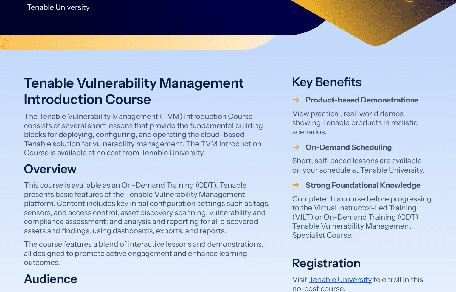 Tenable official overview listing asset discovery, vulnerability assessment, dashboards, exports, and reports
