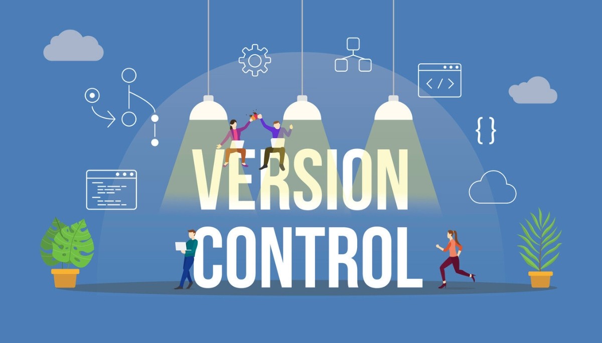 Illustration featuring the words “VERSION CONTROL” illuminated by hanging lights, surrounded by icons of branching diagrams, code, gears, and cloud symbols.