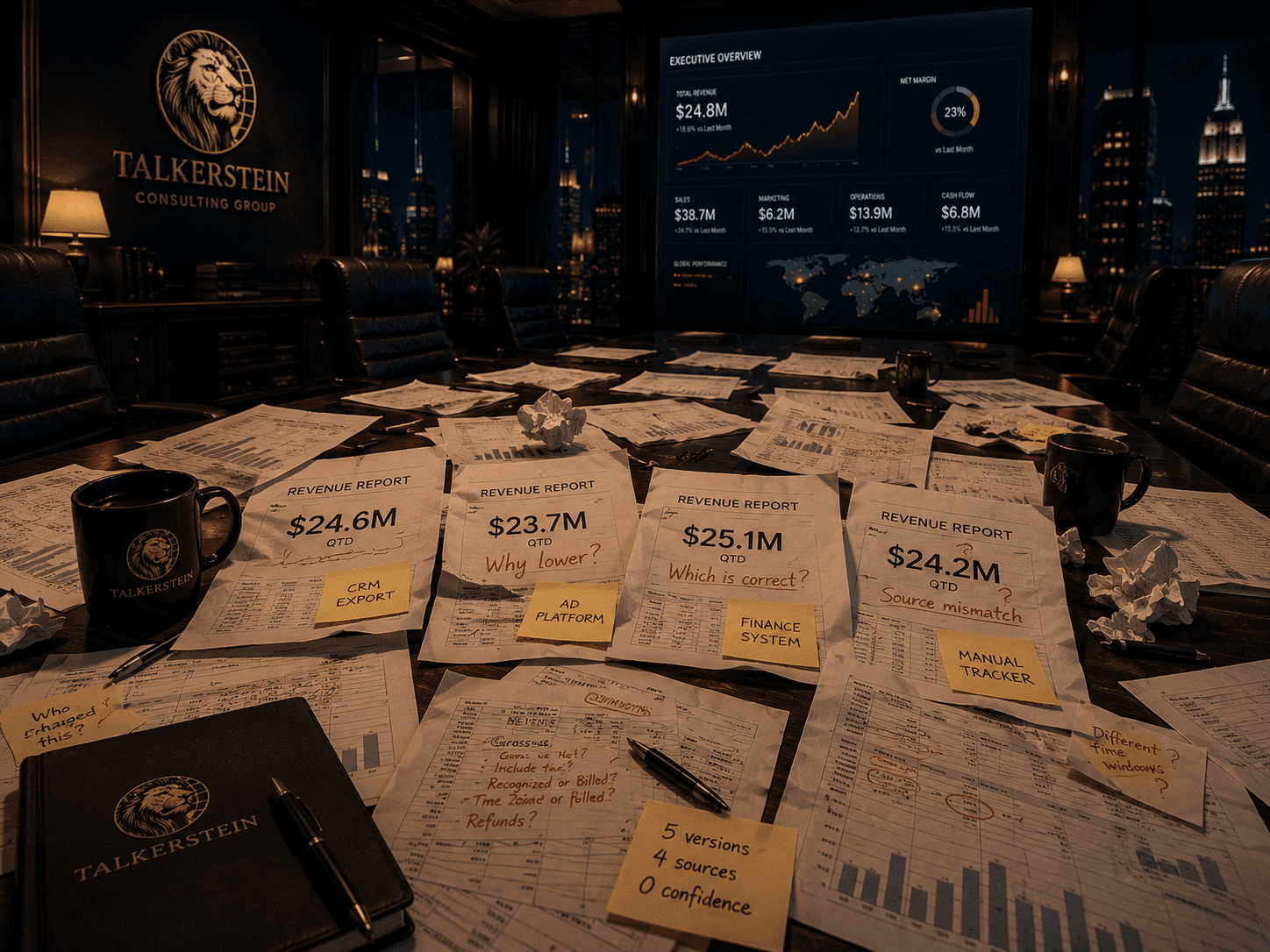 A boardroom table covered in disorganized, conflicting revenue reports with handwritten red ink questions like 'Why lower?', 'Which is correct?', and 'Source mismatch?'. Yellow sticky notes read 'CRM Export' and 'Manual Tracker,' contrasting sharply with a clean Talkerstein Consulting Group digital dashboard on the wall behind it.