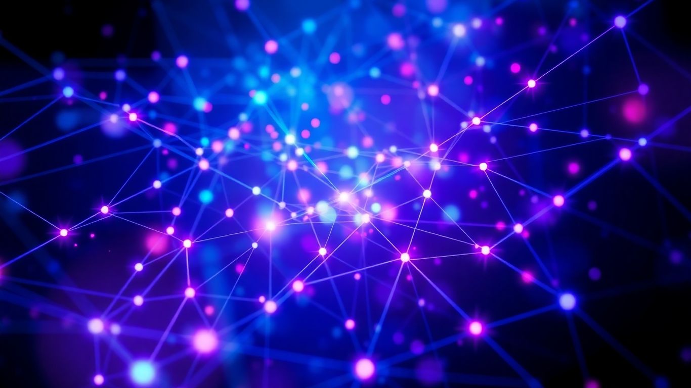 Abstract digital network with glowing data points.