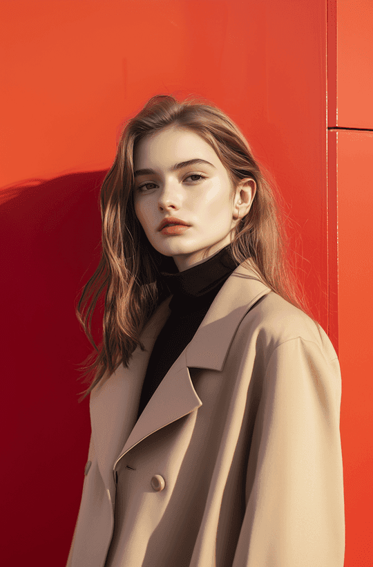 A woman wearing a stylish trench coat over a turtleneck, standing confidently against a neutral background.