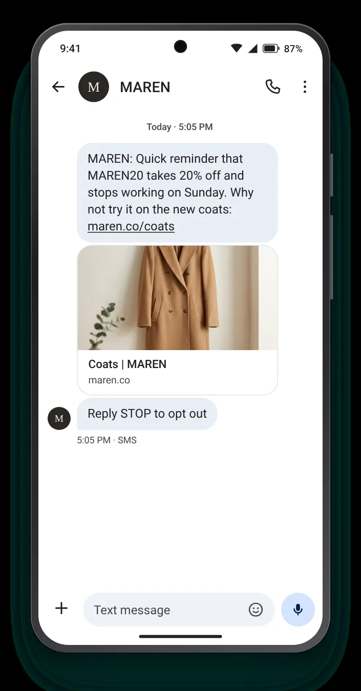 Three days before the code expires SMS win-back text on an Android phone