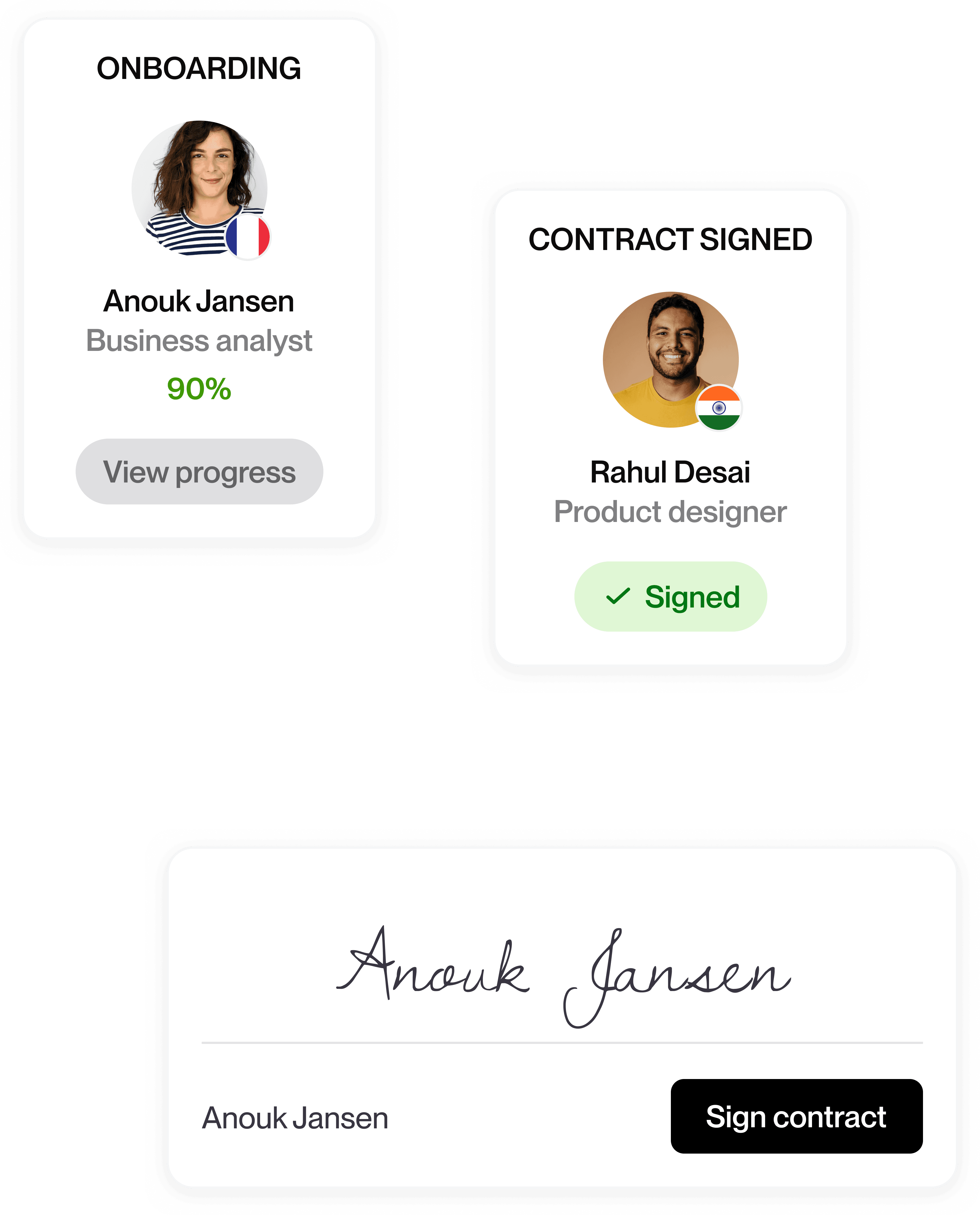 Onboarding card showing Talent at 90% progress, contract signed card for another Talent, and digital signature box with sign contract button.