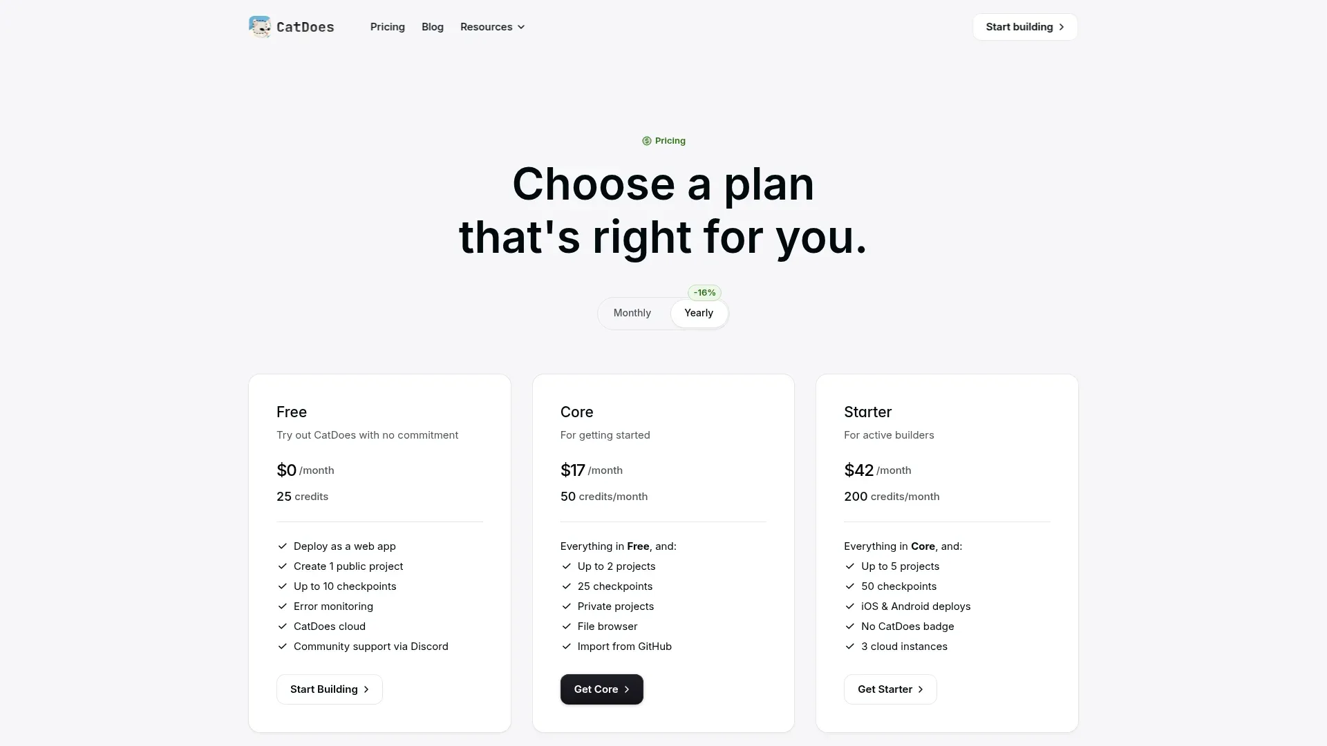 CatDoes pricing: the Free plan includes web deployment, error monitoring, and CatDoes Cloud