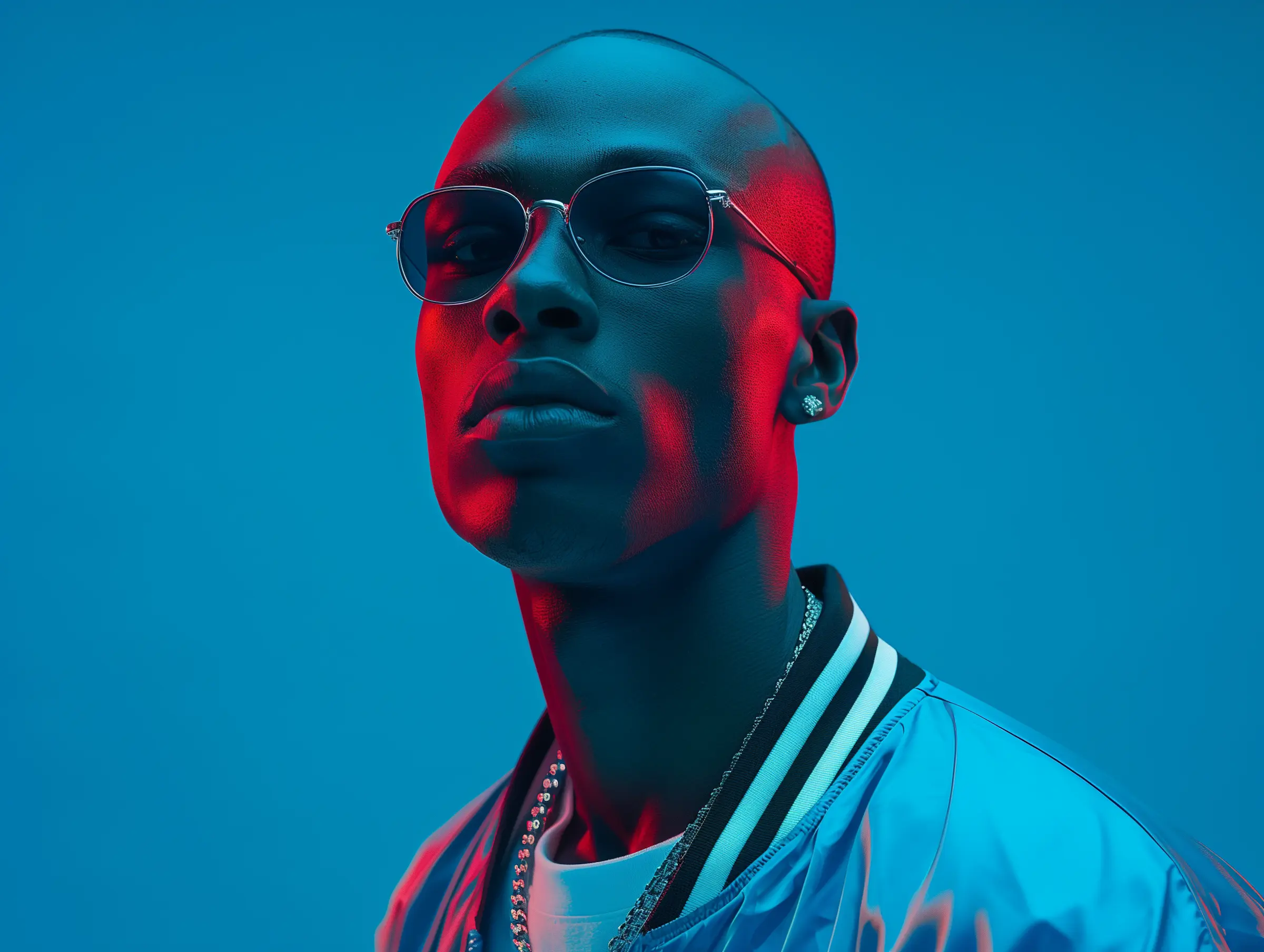 Gala Soda campaign portrait: a model in slim sunglasses lit with red and blue gels against a deep blue backdrop