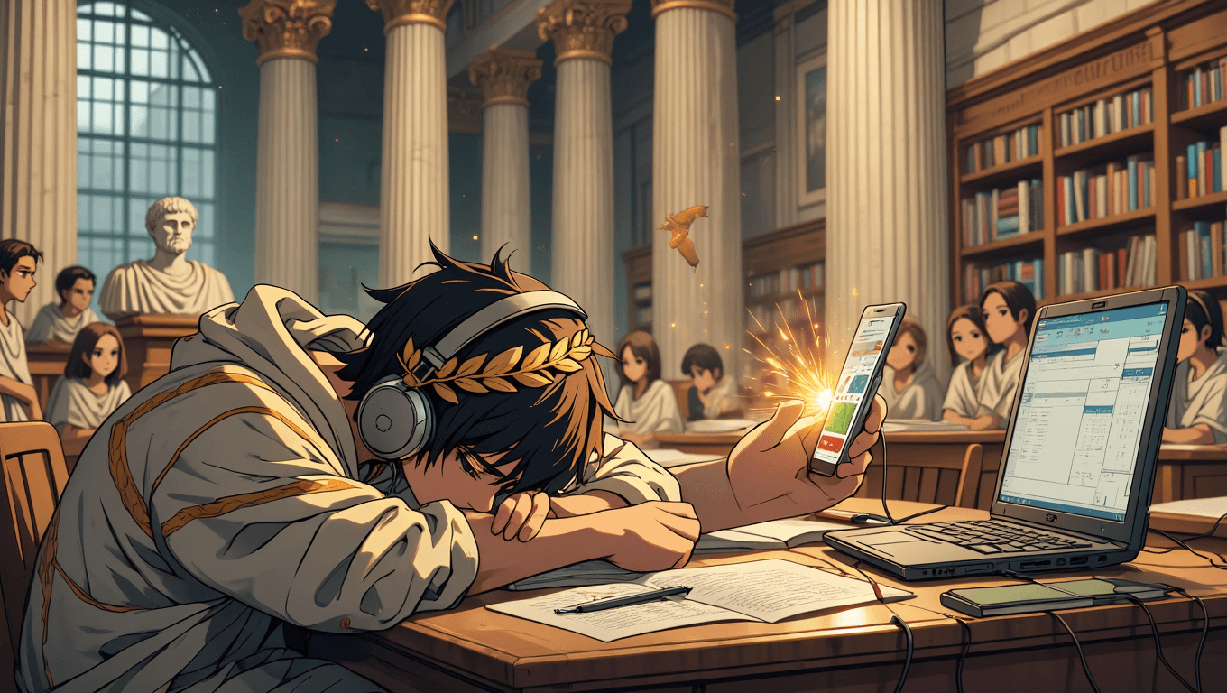 Student at 1am abandoning a dated gray study app for a smartphone glowing with golden quiz sparks