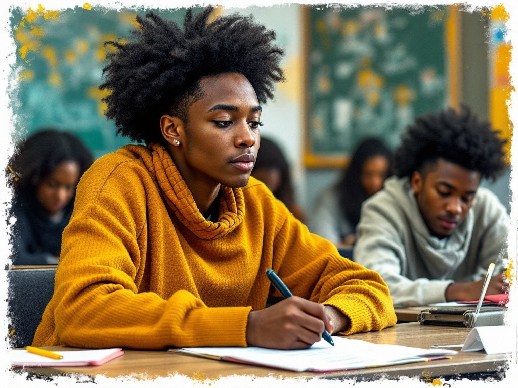 A young man with curly hair sits at a desk in a classroom, writing in a notebook.