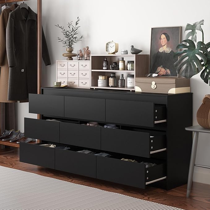 Elegant black 9 drawer dresser with ample storage space and a timeless design.