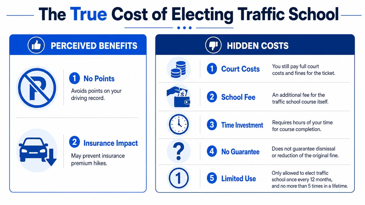 An infographic titled The True Cost of Electing Traffic School showing perceived benefits versus hidden costs.