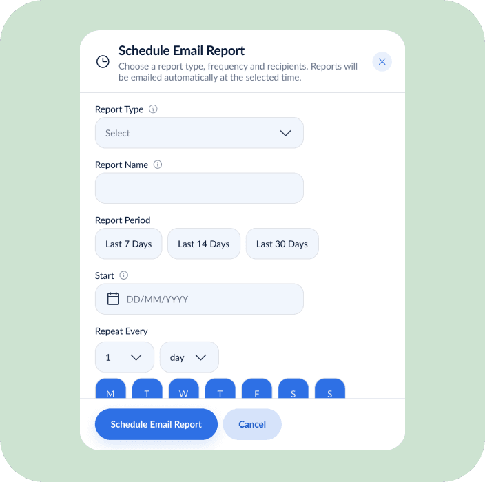HERO CRM interface for scheduling automated email reports with report type, date range, and frequency options.